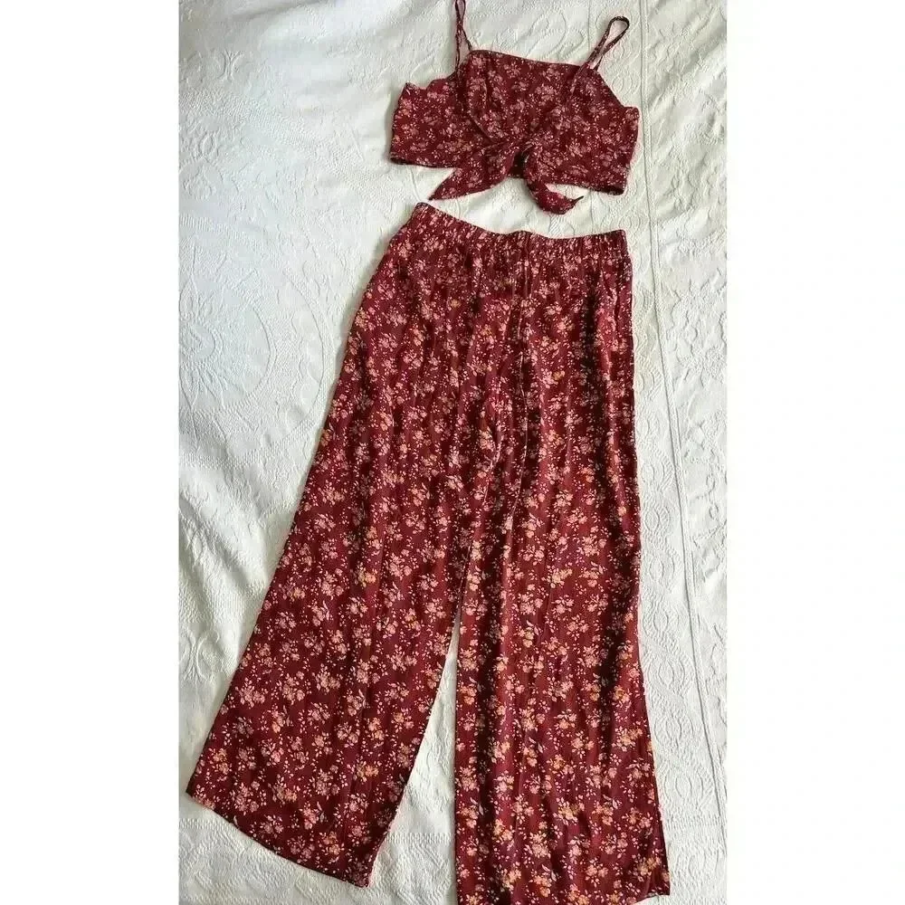 Floral Red Crop Top & High Waisted Pants Set Boho Festival Aeropostale Size M
